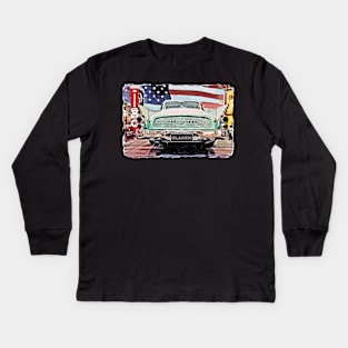 Cartoon Classic Old American Car with American Flag Kids Long Sleeve T-Shirt